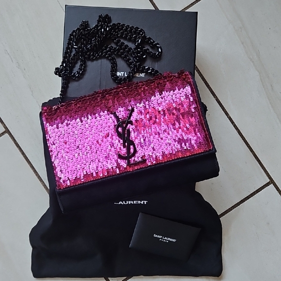 Saint Laurent Handbags - 💖 YSL Saint Laurent Kate Pink Sequin Black Suede Crossbody Bag Matte Black HW